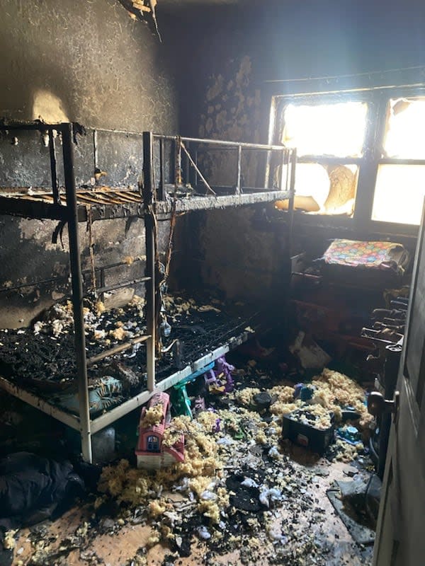 Some of the damage in the children's room at Hooley's apartment is visible in the aftermath of the fire.