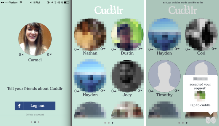 My user profile and the screens of Cuddlr users I could request. We pixelated faces and unique names to protect users' privacy.