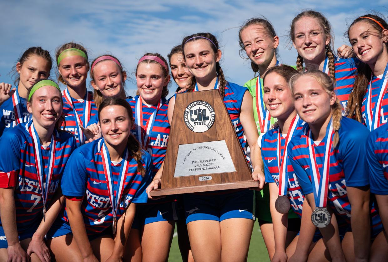 Westlake receives their runner-up trophy after the Conference 6A UIL State Championships at Birkelbach Field in Georgetown, Saturday, April 13, 2024. Prosper beat Westlake 1-0.