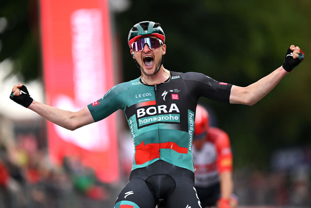  RIVOLI ITALY  MAY 18 Nico Denz of Germany and Team BORA  hansgrohe celebrates at finish line as stage winner during the 106th Giro dItalia 2023 Stage 12 a 185km stage from Bra to Rivoli  UCIWT  on May 18 2023 in Rivoli Italy Photo by Stuart FranklinGetty Images 