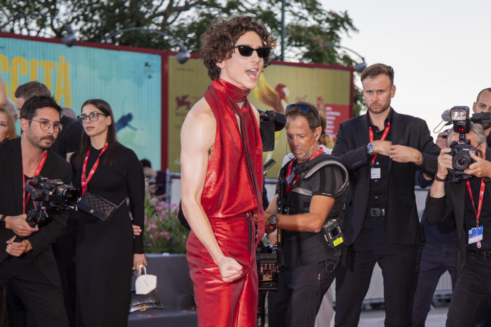 Timothee Chalamet poses for photographers upon arrival at the premiere of the film 'Bones and All' during the 79th edition of the Venice Film Festival in Venice, Italy, Friday, Sept. 2, 2022. (Photo by Vianney Le Caer/Invision/AP)