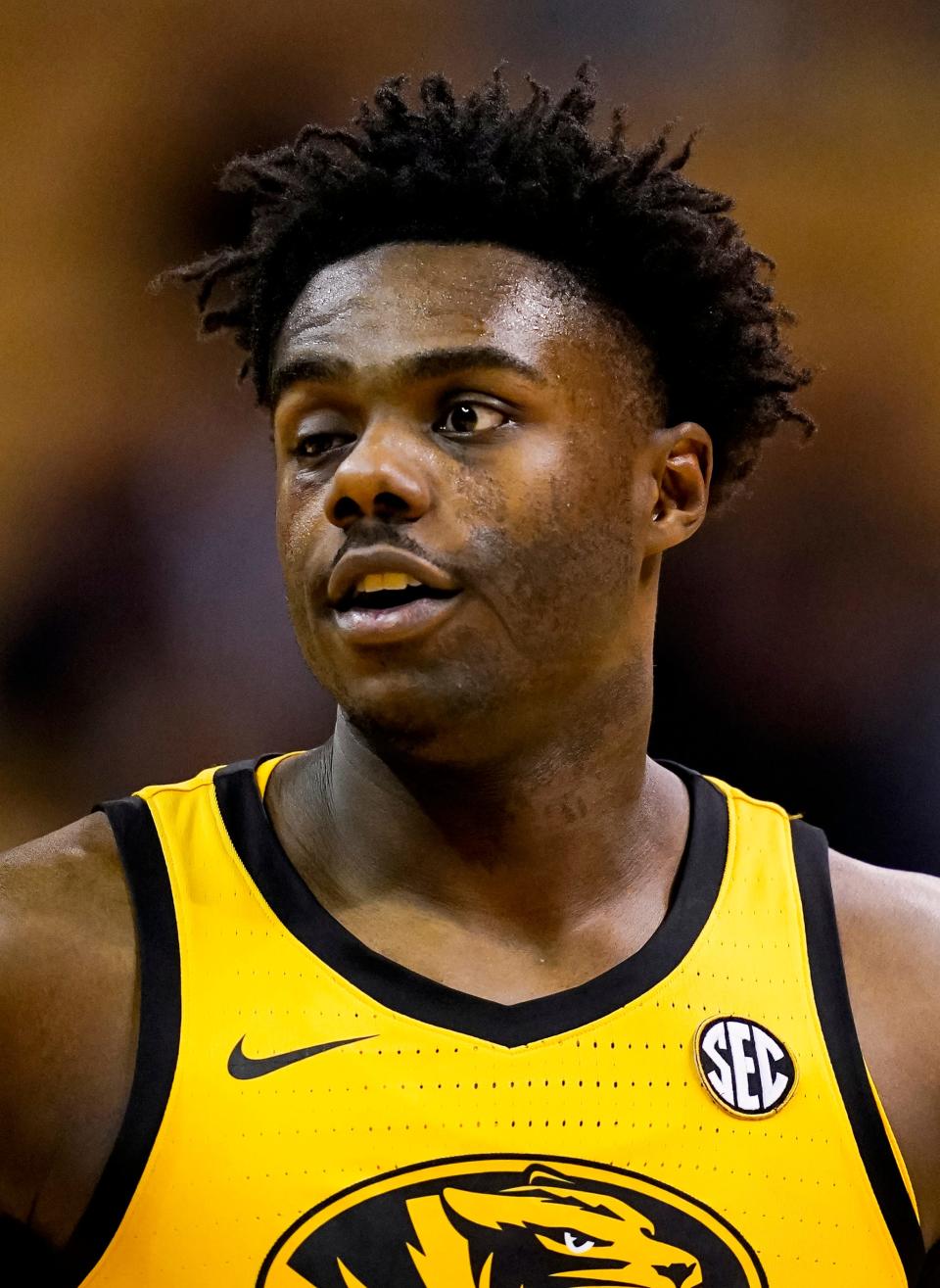 Feb 7, 2023; Columbia, Missouri, USA; A detailed view of the eye of Missouri Tigers guard Kobe Brown (24) after a flagrant foul by South Carolina Gamecocks guard Meechie Johnson (not pictured) during the second half at Mizzou Arena.