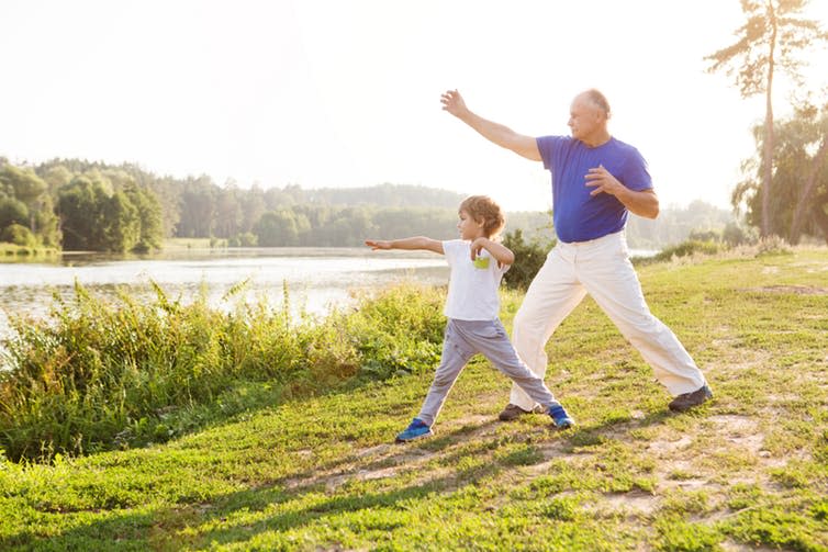 <span class="caption">Tai chi can be done by people of all ages.</span> <span class="attribution"><a class="link " href="https://www.shutterstock.com/image-photo/grandfather-little-grandson-practice-tai-chi-1151920622" rel="nofollow noopener" target="_blank" data-ylk="slk:Ulza/Shutterstock;elm:context_link;itc:0;sec:content-canvas">Ulza/Shutterstock</a></span>