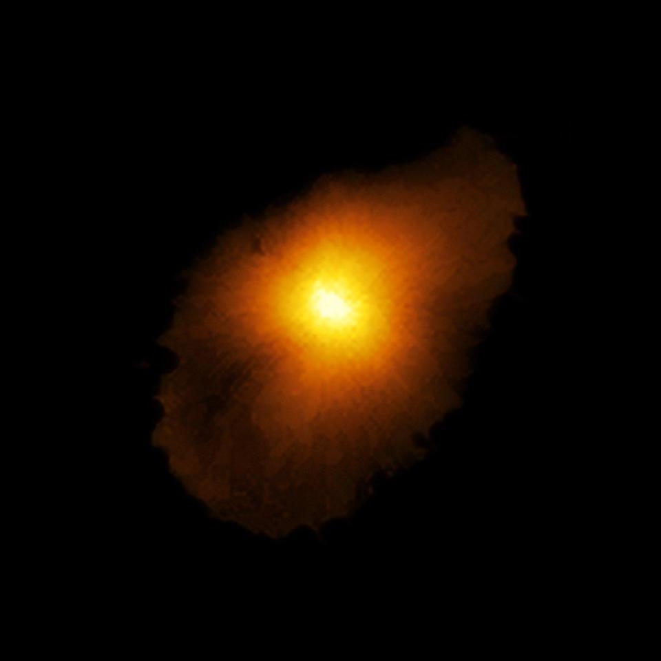 The research team reconstructed the distant galaxy's true shape, shown here, and the motion of its gas from the ALMA data using a new computer modeling technique. / Credit: MPA/Rizzo et al.