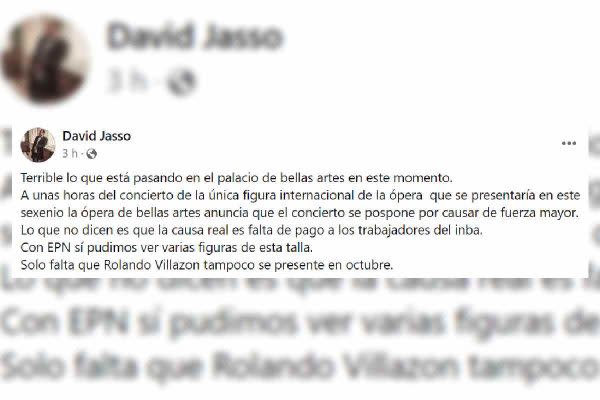 El violinista David Jasso calificó como terrible la suspensión del concierto del artista galés. Foto: Captura Facebook.