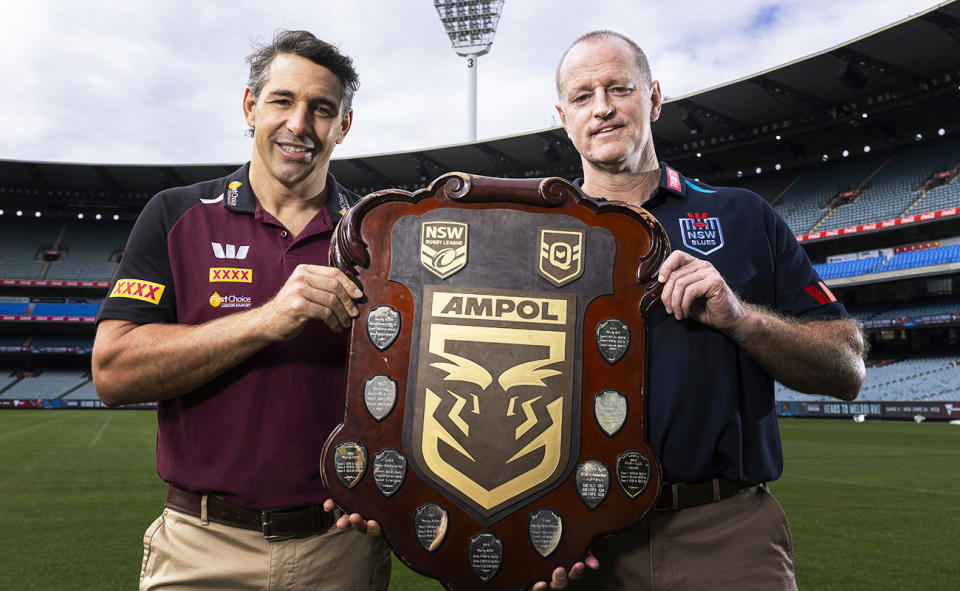 Billy Slater and Michael Maguire with the State of Origin shield.