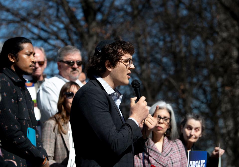 Chandler Quaile speaks about his experience during a news conference outside the state Capitol in Nashville, Tenn., Monday, Feb. 19, 2024. The news conference held in response to a Nazi group known as “Blood Tribe” that marched through downtown Nashville over the weekend.