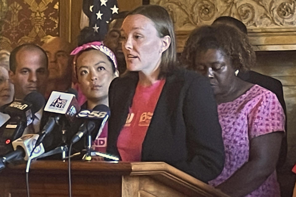 FILE - Wisconsin Democratic Assembly Minority Leader Greta Neubauer addresses reporters and abortions rights supporters at a news conference in the state Capitol on Wednesday, June 22, 2022, in Madison, Wis. Wisconsin's legislative chambers had one of the nation's strongest Republican advantages during the past decade and are projected to continue to do so under new districts in place for the 2022 elections, according to an analysis by PlanScore, a nonprofit that uses election data to rate the partisan tilt of legislative districts. "Democracy is distorted in Wisconsin because of these maps,” Neubauer says. (AP Photo/Harm Venhuizen, File)