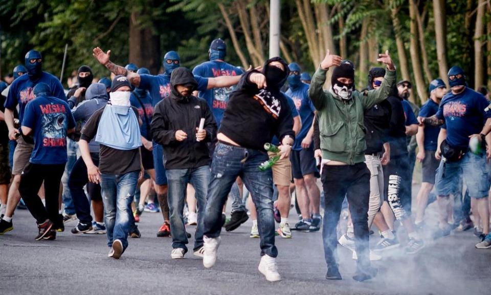 Lazio’s ultra clash with riot police at the end of the derby match against Roma.