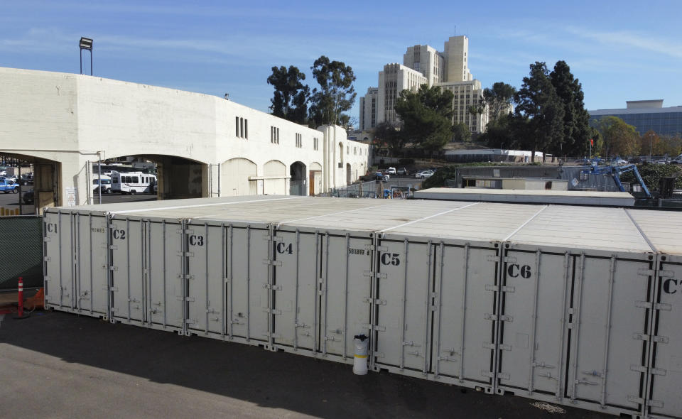 This photo provided by the LA County Dept. of Medical Examiner-Coroner shows temporary storage for COVID-19 deaths at LA County Medical Examiner-Coroner Office on Tuesday, Jan. 12, 2021 in Los Angeles. The temporary storage will relieve pressure from overwhelmed hospitals and mortuaries who can't accommodate the deceased. (LA County Dept. of Medical Examiner-Coroner via AP)