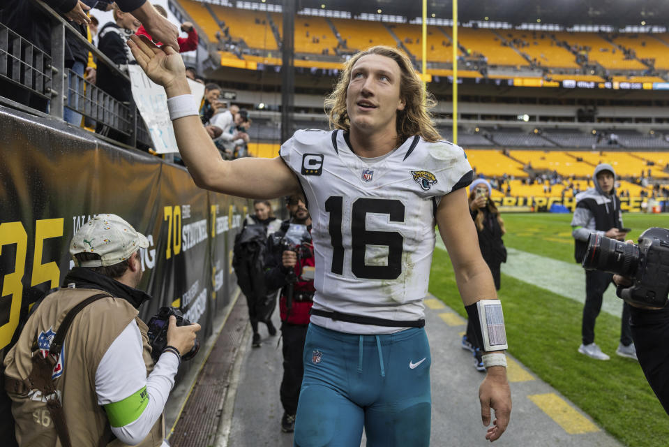 Trevor Lawrence and the Jaguars are all smiles these days. (AP Photo/Matt Durisko)