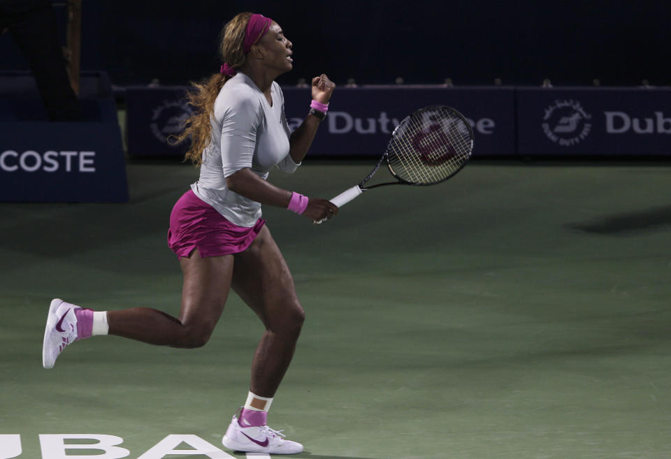 Serena Williams of the U.S. reacts after winning a point against Ekaterina Makarova of Russia during the second round of Dubai Duty Free Tennis Championships in Dubai, United Arab Emirates, Tuesday, Feb. 18, 2014. (AP Photo/Kamran Jebreili)