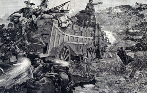 <span class="caption">Maxim guns agins the Ndebele of Zimbabwe in 1893. </span> <span class="attribution"><a class="link " href="https://commons.wikimedia.org/wiki/File:Battle_of_the_Shangani.jpg" rel="nofollow noopener" target="_blank" data-ylk="slk:Battle of the Shangani by Richard Caton Woodville, Jr. via Wikimedia Commons;elm:context_link;itc:0;sec:content-canvas">Battle of the Shangani by Richard Caton Woodville, Jr. via Wikimedia Commons</a></span>