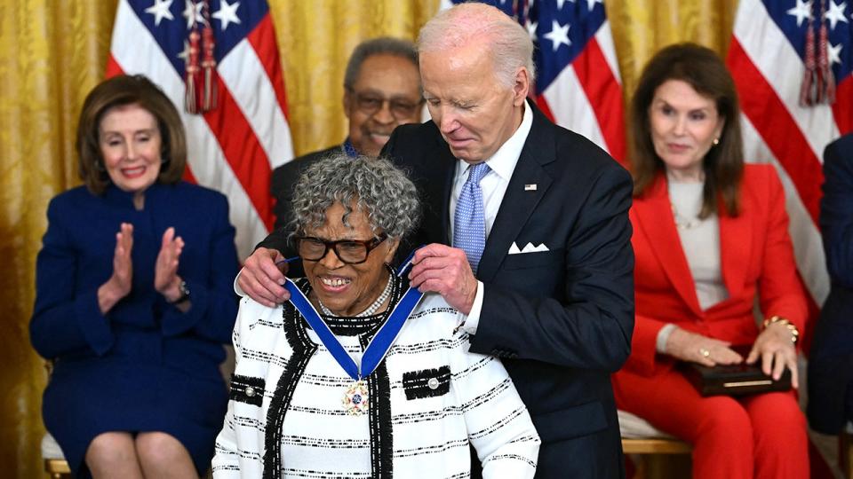 <div>US President Joe Biden presents the Presidential Medal of Freedom to US retired teacher and activist Opal Lee in the East Room of the White House in Washington, DC, on May 3, 2024. The Presidential Medal of Freedom is the Nations highest civilian honor, presented to individuals who have made exemplary contributions to the prosperity, values, or security of the United States, world peace, or other significant societal, public or private endeavors. (Photo by ANDREW CABALLERO-REYNOLDS / AFP) (Photo by ANDREW CABALLERO-REYNOLDS/AFP via Getty Images)</div>