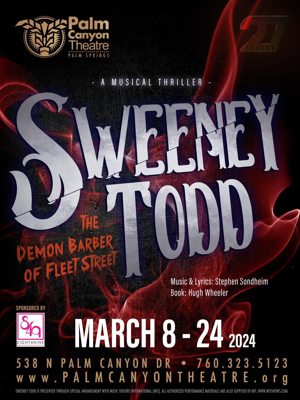 Palm Canyon Theatre presents "Sweeney Todd: The Demon Barber of Fleet Street" March 8-24 in Palm Springs, Calif.