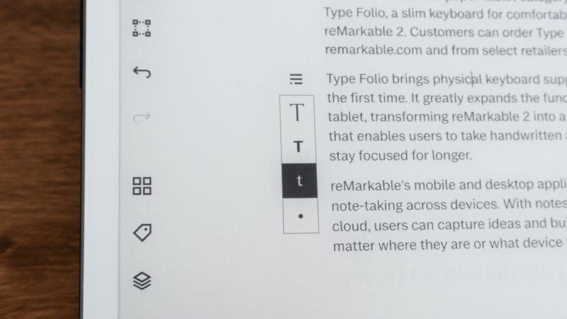 A close-up of the reMarkable 2's screen showing the limited text formatting options available.