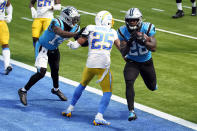 Carolina Panthers running back Mike Davis (28) runs into the end zone with for a touchdown after a reception during the first half of an NFL football game Los Angeles Chargers Sunday, Sept. 27, 2020, in Inglewood, Calif. (AP Photo/Ashley Landis)