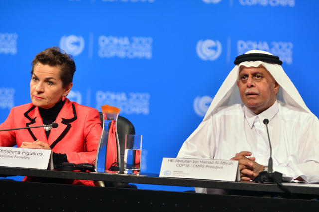 United Nations Convention on Climate Change Executive Secretary Christiana Figueres, left, speaks during a press conference along side Qatar's Deputy Prime Minister and president of the 18th United Nations Convention on Climate Change, Abdullah bin Hamad Al-Attiyah, in Doha, Qatar, Monday, Dec. 3, 2012. Highlighting a rift between the rich countries and emerging economies like China, New Zealand's climate minister staunchly defended his government's decision to drop out of the emissions pact for developed nations, saying it's an outdated and insufficient response to global warming. (AP Photo/Osama Faisal)