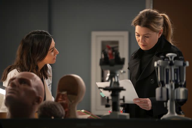 <p>Disney/Anne Marie Fox</p> From left: Caterina Scorsone and Ellen Pompeo on "Grey's Anatomy"