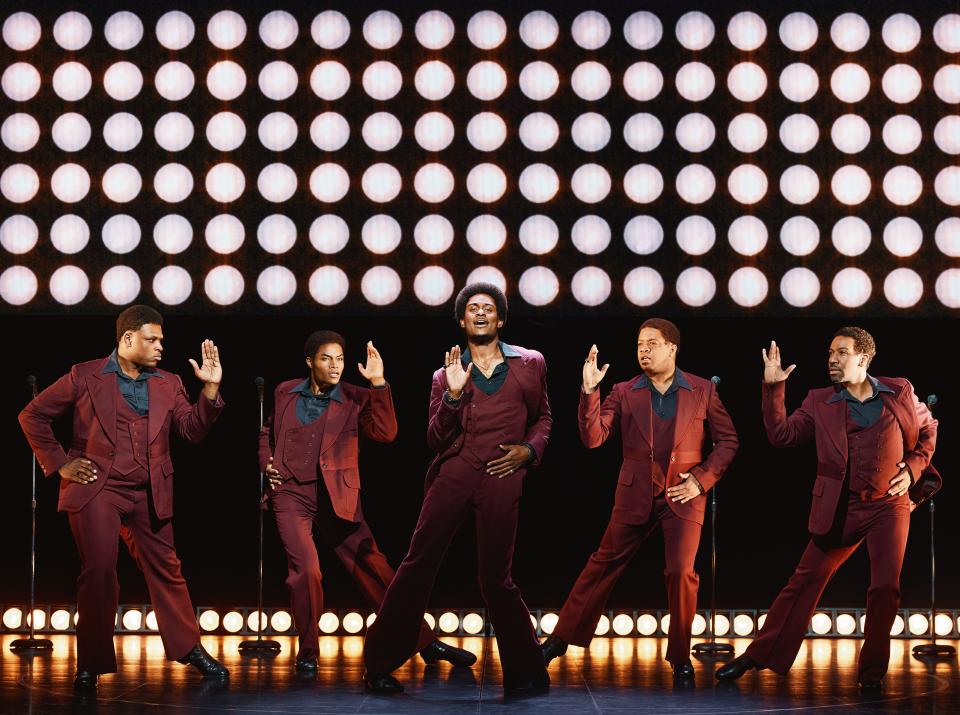 From left, Harrell Holmes Jr., Jalen Harris, Dwayne P. Mitchell, Michael Andreaus and E. Clayton Cornelious and Michael Andreaus in the national tour of “Ain’t Too Proud: The Life and Times of The Temptations.”