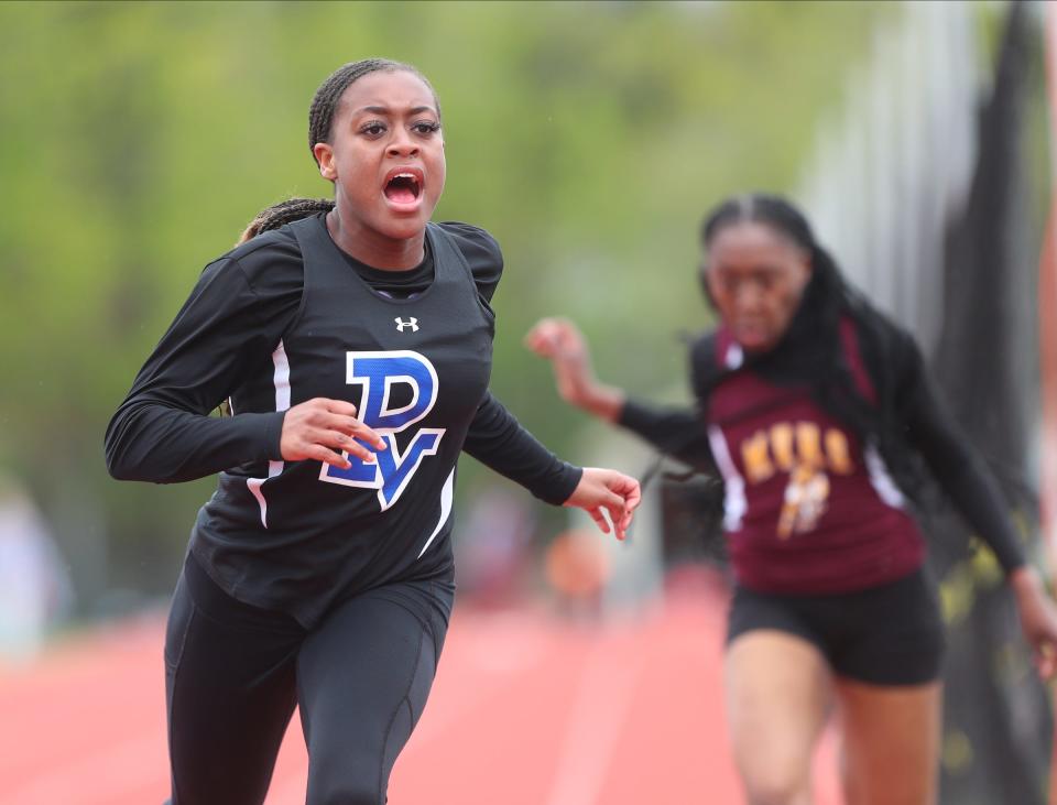 Putnam Valley's Nia Givan wins the 100-meter dash during day 2 of the Somers Lions Club Joe Wynne Track and Field Invitational at Somers High School in Lincolndale on Saturday, May 7, 2022.