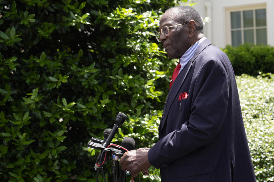 Brown v. Board of Education plaintiff and veteran John Stokes speaks to reporters outside the White House in Washington, Thursday, May 16, 2024, following a meeting with President Joe Biden to mark the 50th anniversary of the historic Supreme Court decision. (AP Photo/Susan Walsh)