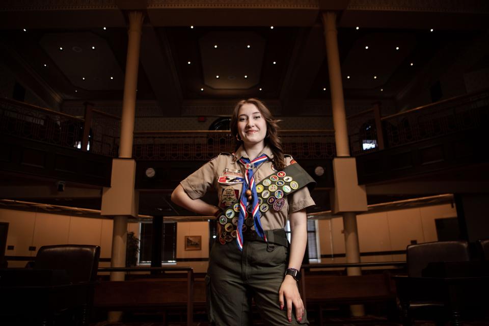 Eagle Scout Rachel Oppmann poses March 28, 2024, in the Rutherford County Courthouse in Murfreesboro, Tenn., where her all-girl troop received its charter in 2019 to be included in Scouts BSA, formerly Boy Scouts of America