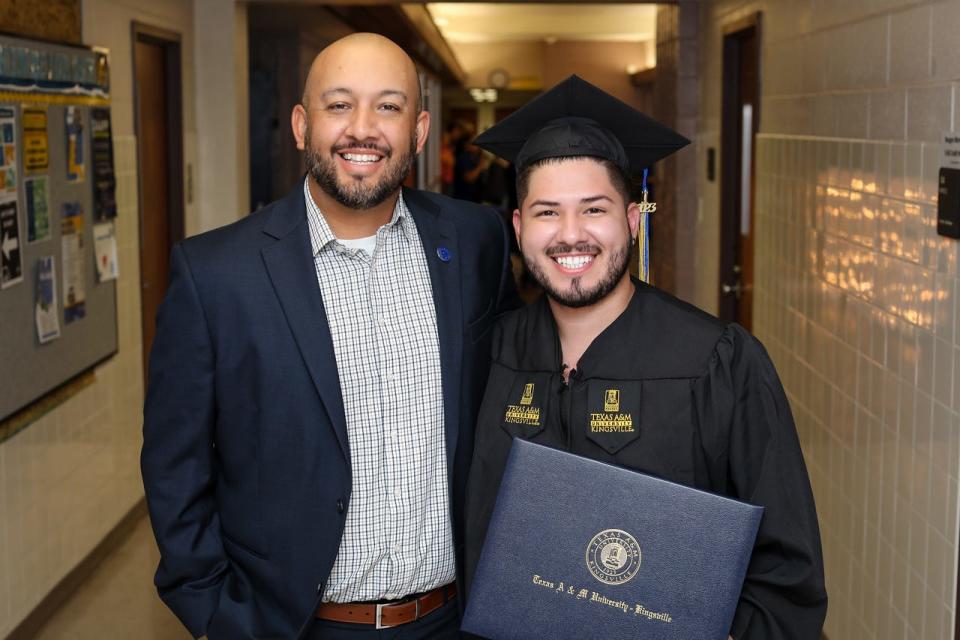 Texas A&M University-Kingsville's Javelina Relight program helps students who've left the university return to complete a degree. Executive director of student completion and community college relations John Carrillo (left) has invited students like Michael Martinez, who graduated Aug. 4, 2022 through the program.