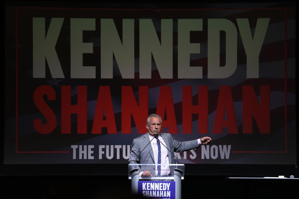 Independent presidential candidate Robert F. Kennedy Jr. speaks to supporters during a campaign event, Saturday, April 13, 2024, in West Des Moines, Iowa. (AP Photo/Charlie Neibergall)