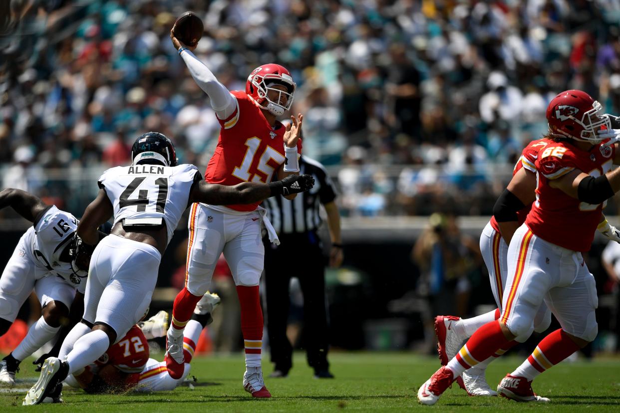 Kansas City quarterback Patrick Mahomes fires a pass downfield against the Jaguars on Sept. 8, 2019, at TIAA Bank Field. Mahomes threw for 378 yards and three touchdowns in that game, a 40-26 victory for the Chiefs.