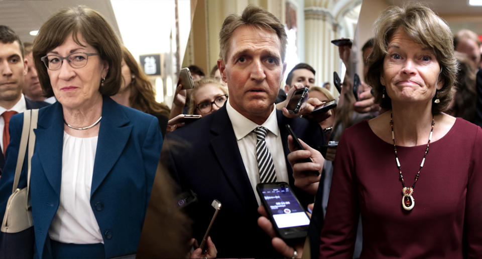 Left to right: Sens. Susan Collins, Jeff Flake and Lisa Murkowski. (Photos: J. Scott Applewhite/AP, Chip Somodevilla/Getty Images, Jacquelyn Martin/AP)