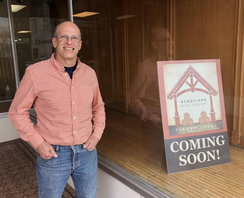 As the sign says, coming soon is Jim Acquilano's Acquilano Wine Cellars tasting room on Main Street, Canandaigua. He's hoping for an April opening.