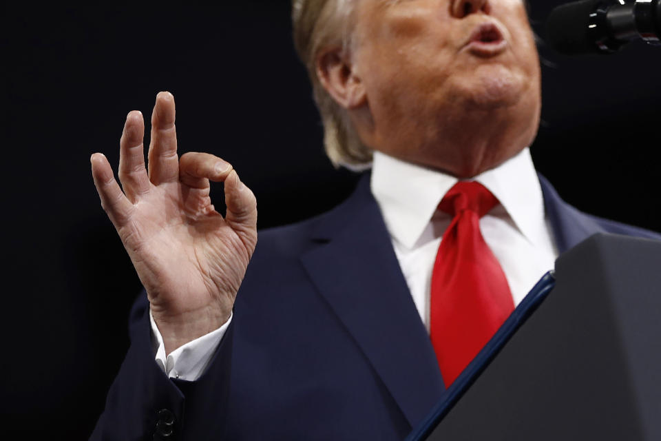 In this Dec. 10, 2019, photo, President Donald Trump gestures as he speaks at a campaign rally in Hershey, Pa. (AP Photo/Patrick Semansky)