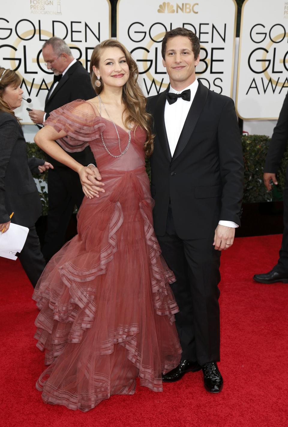 Joanna Newsom and Andy Samberg arrive at the 71st annual Golden Globe Awards in Beverly Hills