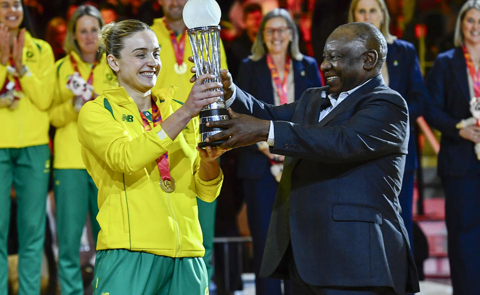 Diamonds captain Liz Watson, pictured here with the Netball World Cup trophy.