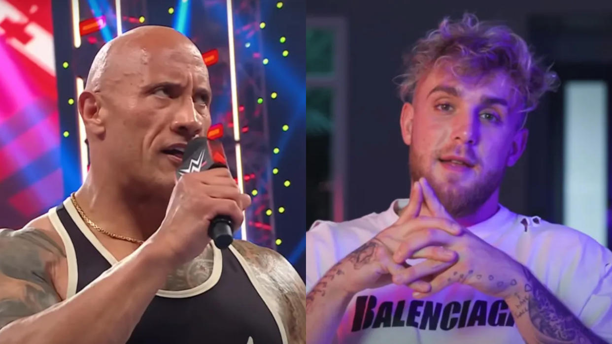  Dwayne Johnson during a WWE event and Jake Paul during a YouTube video, pictured side by side. 