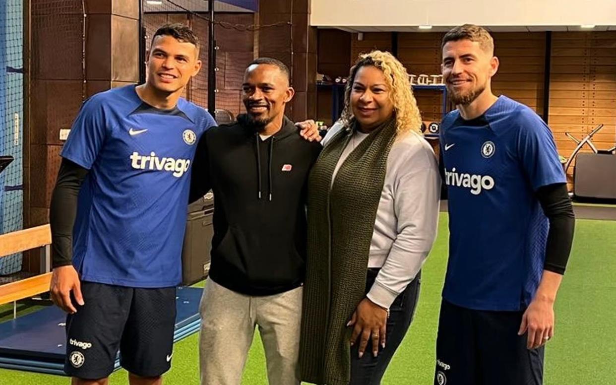 Endrick's parents, Douglas and Cíntia, with Thiago Silva (far left) and Jorginho at Chelsea's training ground at Cobham