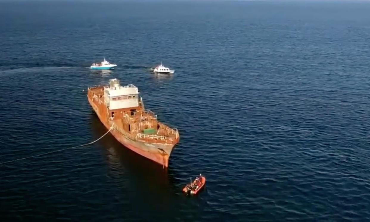 <span>Screengrab from a YouTube live feed (by Ocean Sands Hotel) of the MV Shingle ship being sunk to create an artificial reef off Killala Bay, Ireland</span><span>Photograph: Ocean Sands Hotel/YouTube</span>