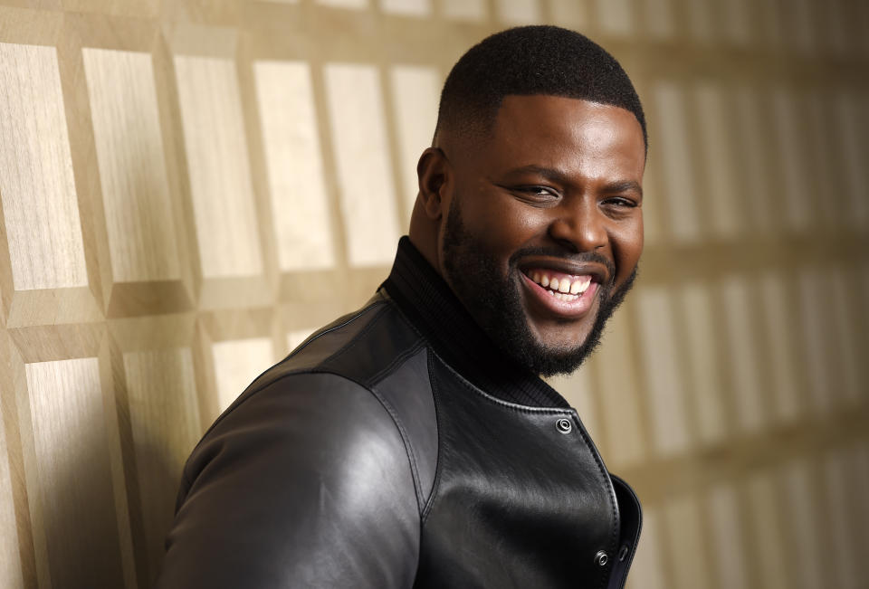 This March 12, 2019 photo shows Winston Duke, a cast member in the film "Us," posing at the The London West Hollywood in West Hollywood, Calif. (Photo by Chris Pizzello/Invision/AP)