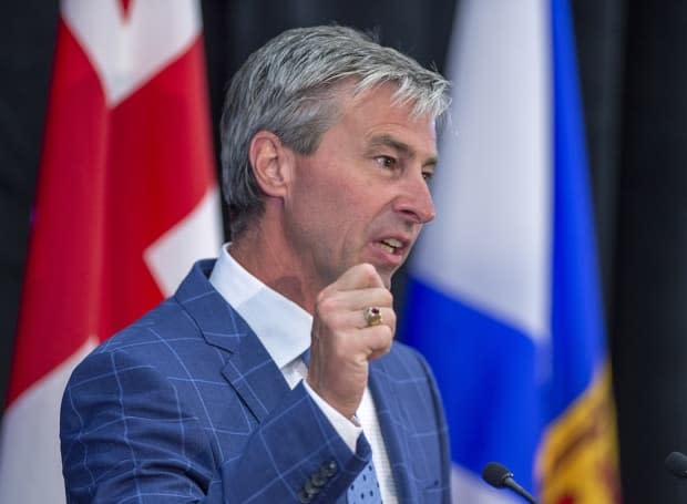 Premier Tim Houston has condemned a small protest outside the home of Dr. Robert Strang and is urging anyone upset with the province to voice opinions directly to government. (Andrew Vaughan/The Canadian Press - image credit)