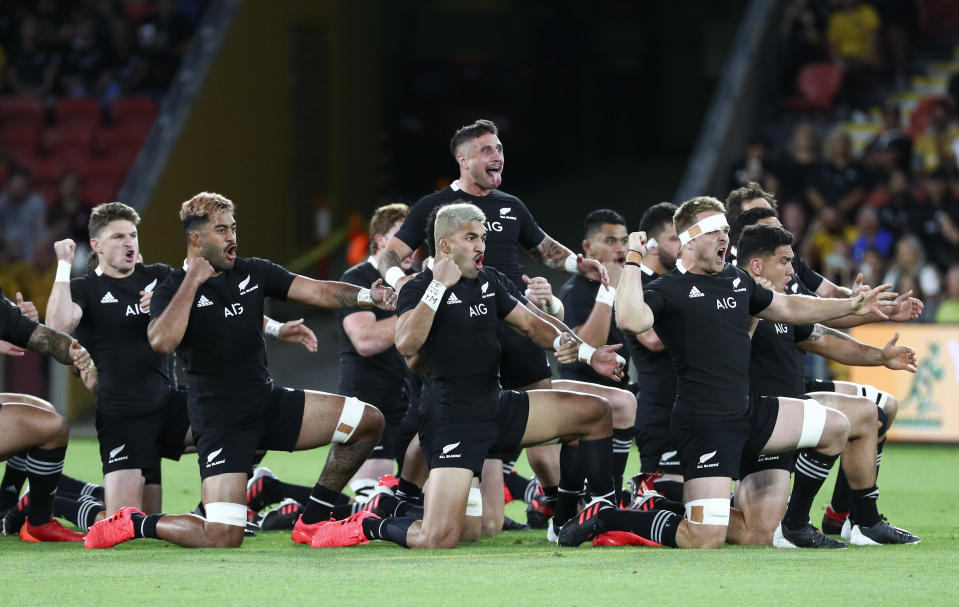 New Zealand's TJ Perenara leads the All Blacks in a haka prior to the start of the Bledisloe rugby test between Australia and New Zealand at Suncorp Stadium, Brisbane, Australia, Saturday, Nov.7, 2020. (AP Photo/Tertius Pickard)