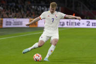 Belgium's Kevin De Bruyne during the UEFA Nations League soccer match between the Netherlands and Belgium at the Johan Cruyff ArenA in Amsterdam, Netherlands, Sunday, Sept. 25, 2022. (AP Photo/Peter Dejong)
