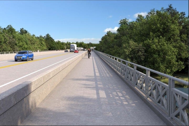 An artist's rendering shows the replacement for the John Singletary Bridge with wider vehicle lanes and a multi-use path separated by a concrete barrier.