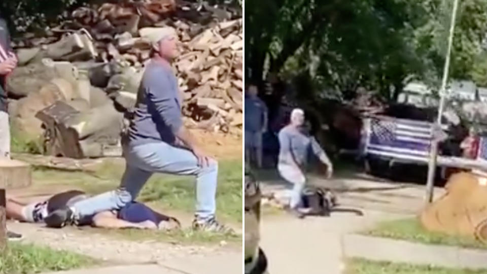 A man kneeling on the neck of another man shouting at Black Lives Matters protesters was filmed