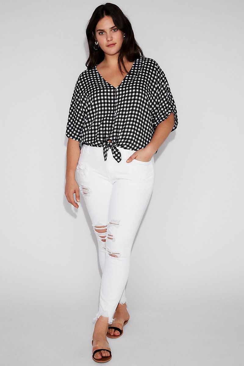 Gingham Short Sleeve Tie Front Shirt