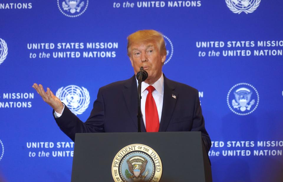 President Donald Trump had a news conference at the InterContinental Barclay New York Hotel during the UN General Assembly, on September 25, 2019 in New York City, US.  (Photo by Selcuk Acar/NurPhoto via Getty Images)