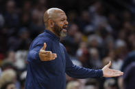 Cleveland Cavaliers head coach J.B. Bickerstaff argues a call during the second half of an NBA basketball game against the Houston Rockets, Sunday, March 26, 2023, in Cleveland. (AP Photo/Ron Schwane)