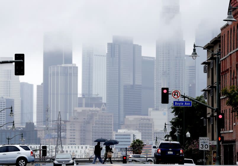 Downtown Los Angeles seen from Boyle Heights on a rainy late-winter day.