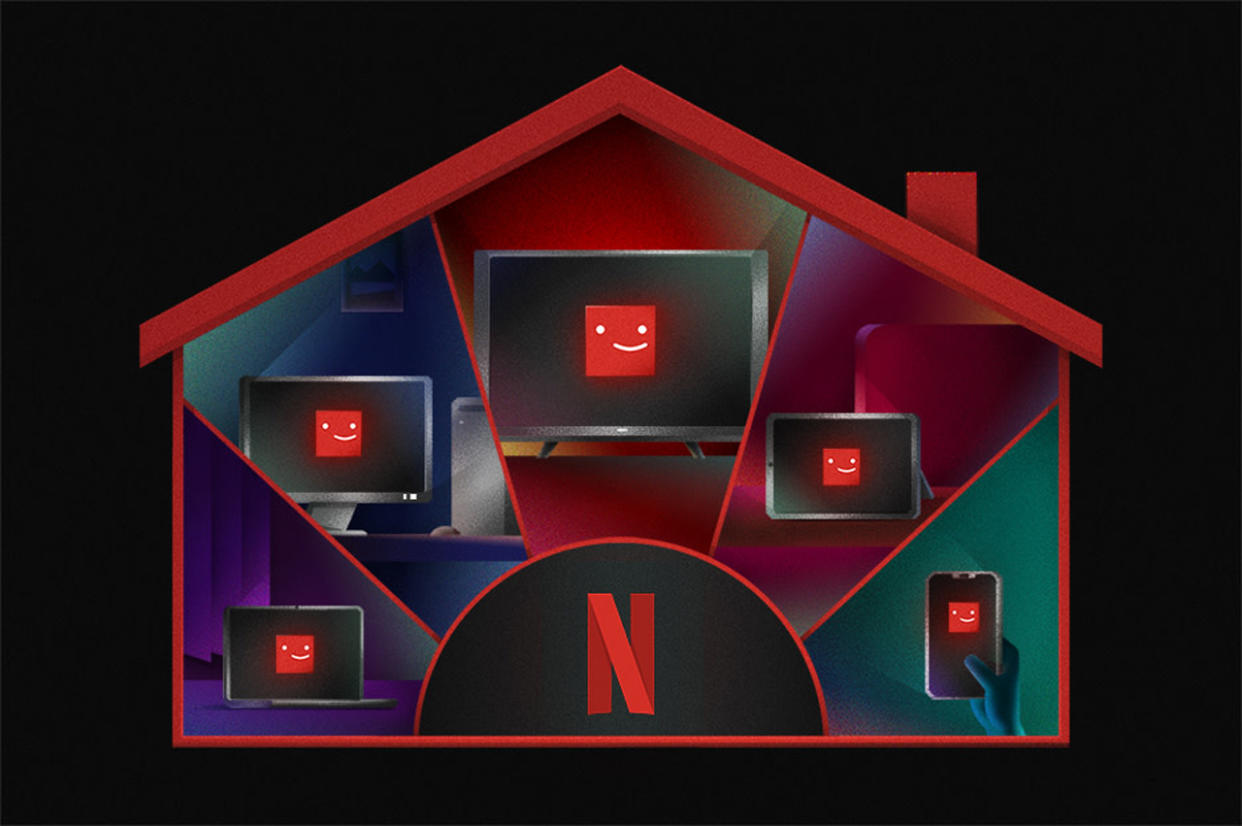  An image of a home with five devices showing the Netflix logo on them 