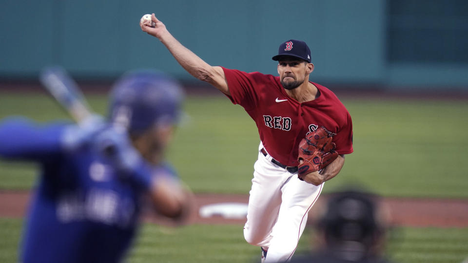 Boston Red Sox starting pitcher Nathan Eovaldi delivers during the first inning of a baseball game against the Toronto Blue Jays, Tuesday, April 19, 2022, at Fenway Park in Boston. (AP Photo/Charles Krupa)
